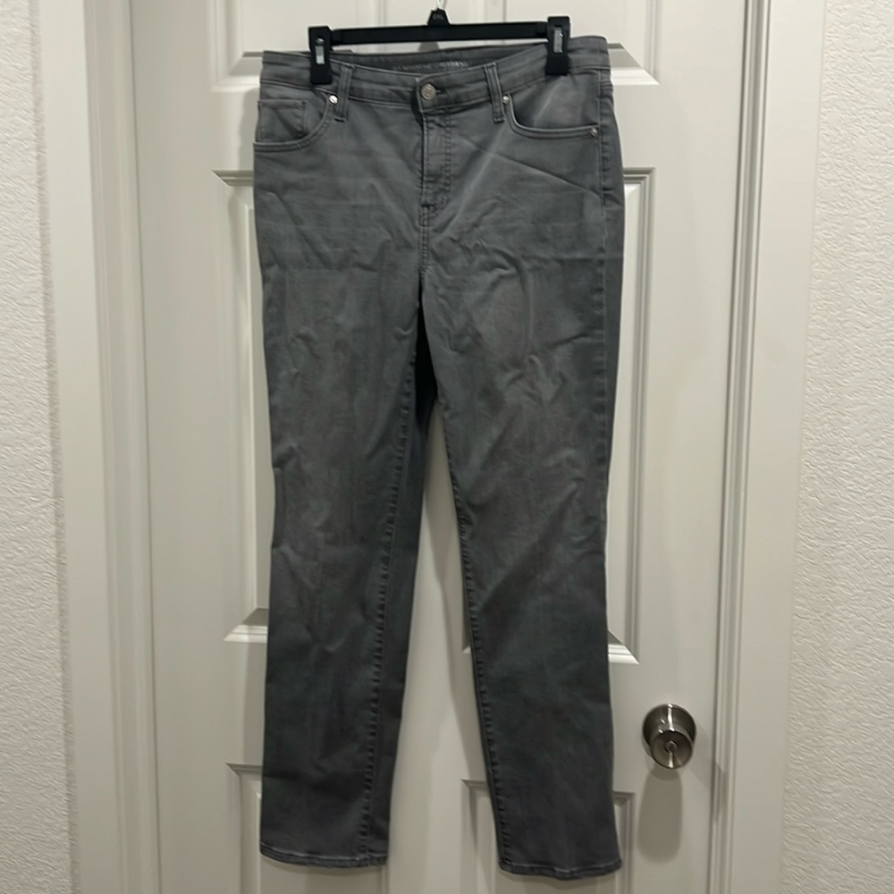 Chicos, gray colored jeans, so slimming girlfriend, straight leg. Size 10 R.